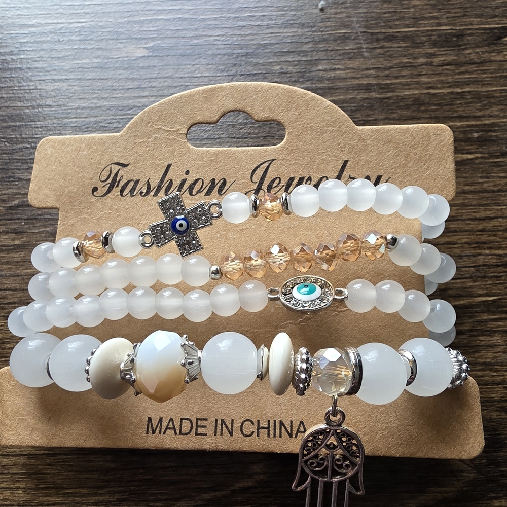 Elegant White and Gold Beaded Bracelet Set